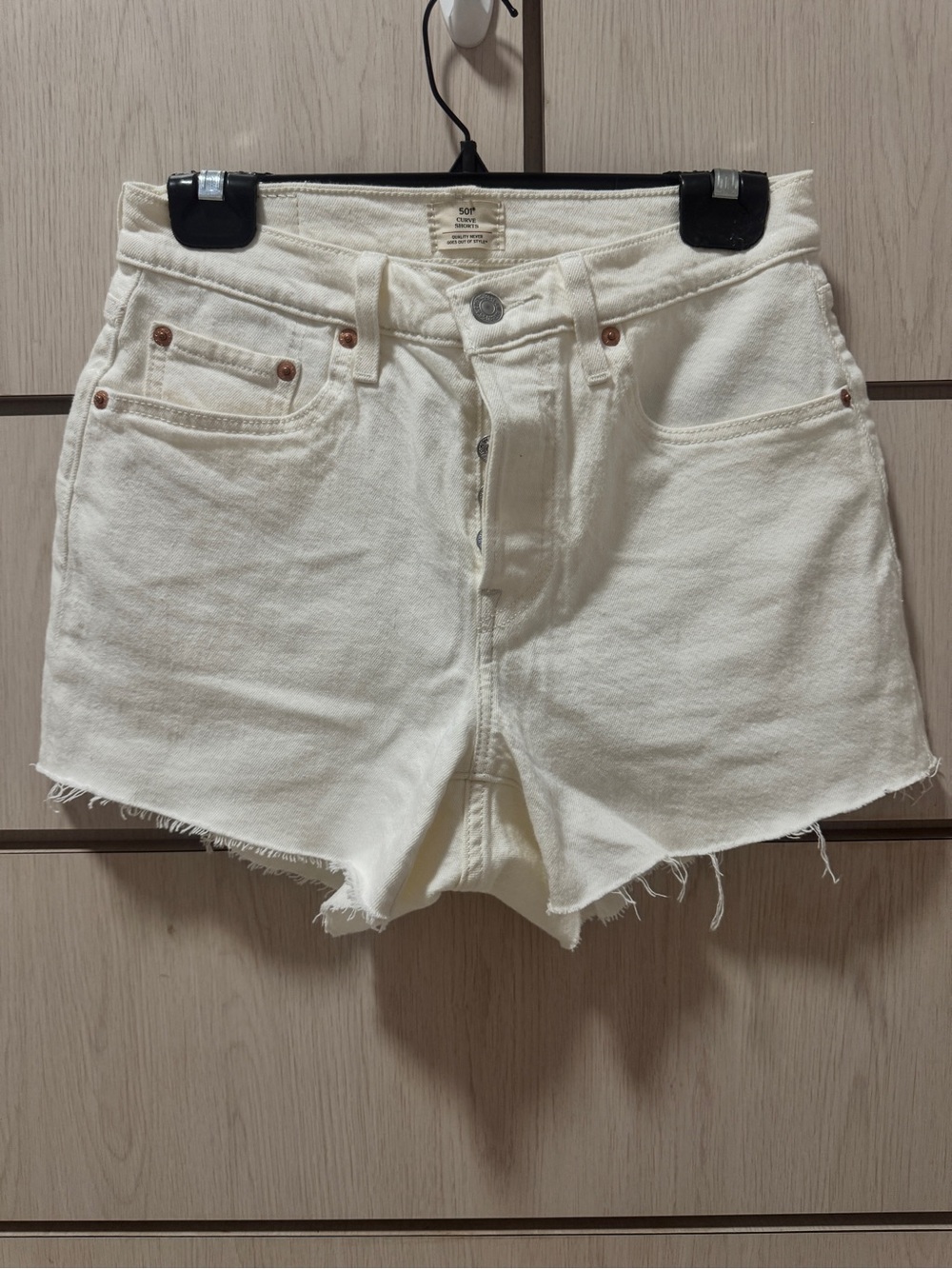Levi's White Denim Frayed Hem Jean Shorts